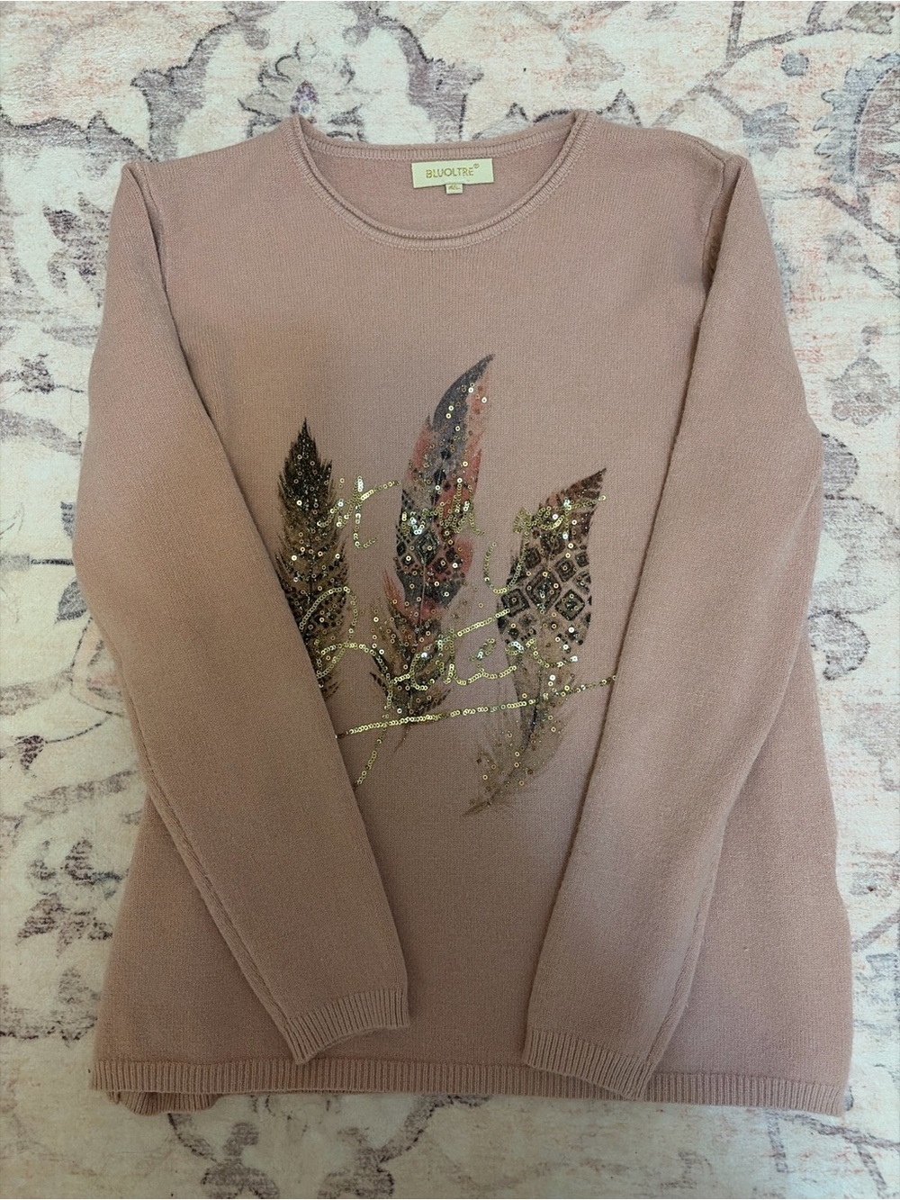 BLUOLTRE Blush Sequin Feather Sweater